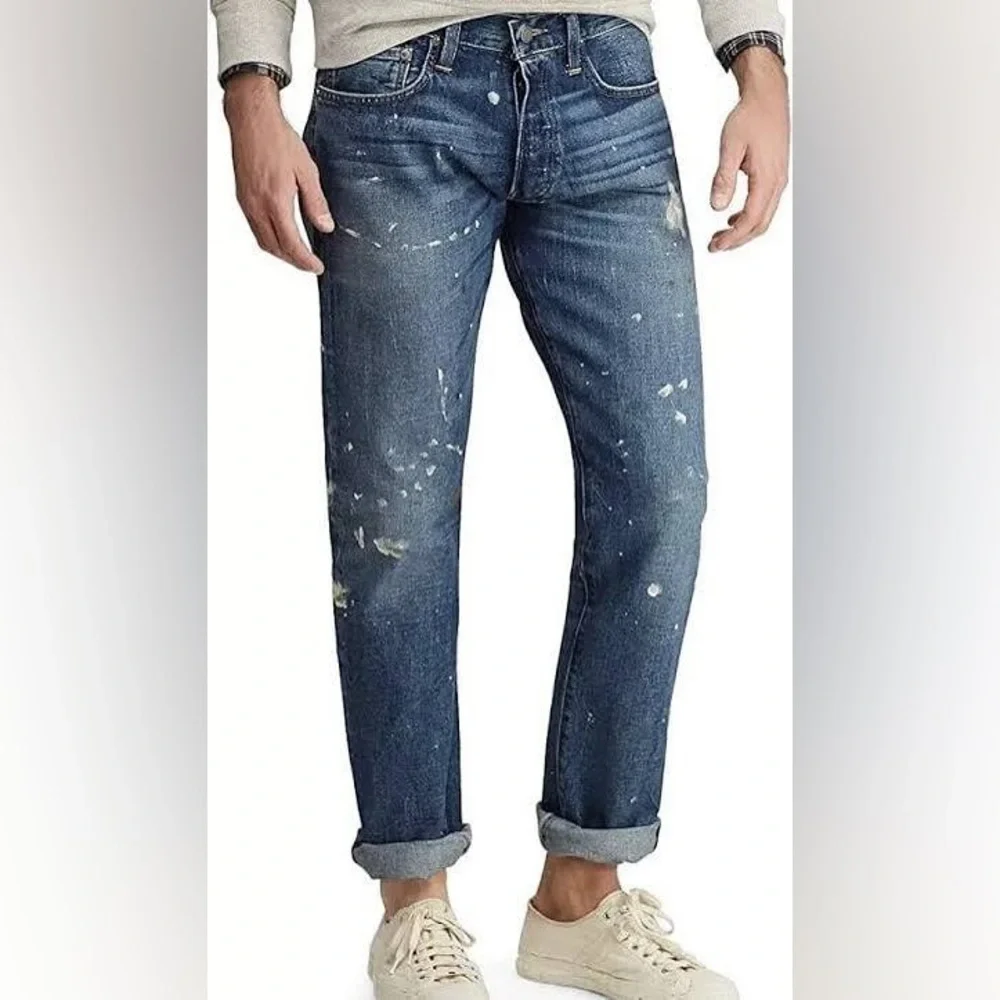 NWT Polo Ralph Lauren Men Paint Splatter Denim classic Straight Jeans Blue 34x30